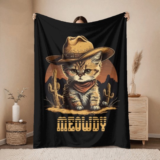 Meowdy - Funny Mashup Between Meow and Howdy - Cat Throw Blankets