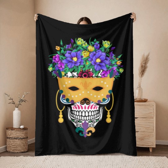 Mardi Gras Mask Dia De Los Muertos Flower Sugar Throw Blankets