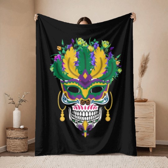 Dia De Los Muertos Mardi Gras Costume Flower Sugar Throw Blankets