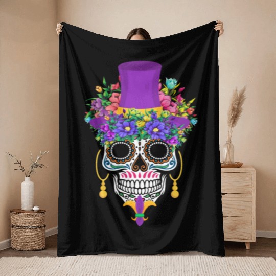 Mardi Gras Costume Dia De Los Muertos Flower Sugar Throw Blankets