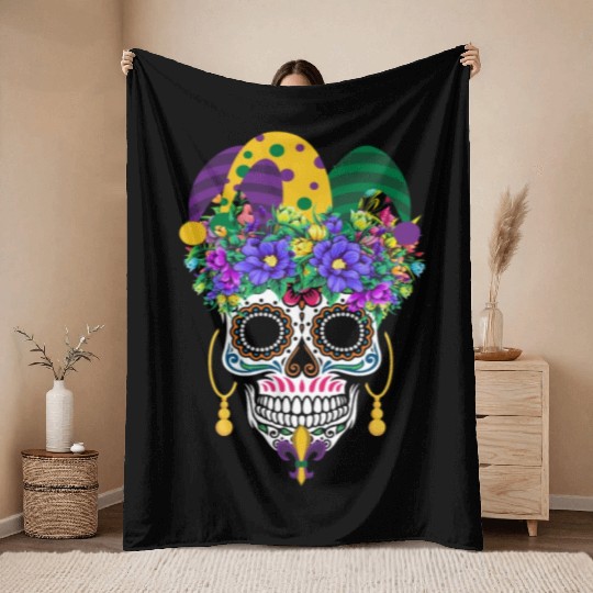 Mardi Gras Mask Dia De Los Muertos Flower Sugar Throw Blankets