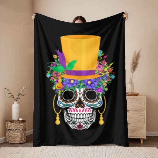 Mardi Gras Costume El Dia De Los Muertos Flower Throw Blankets