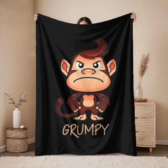 Grumpy Monkey Meme Aesthetic Bad Mood chimpanzee Throw Blankets