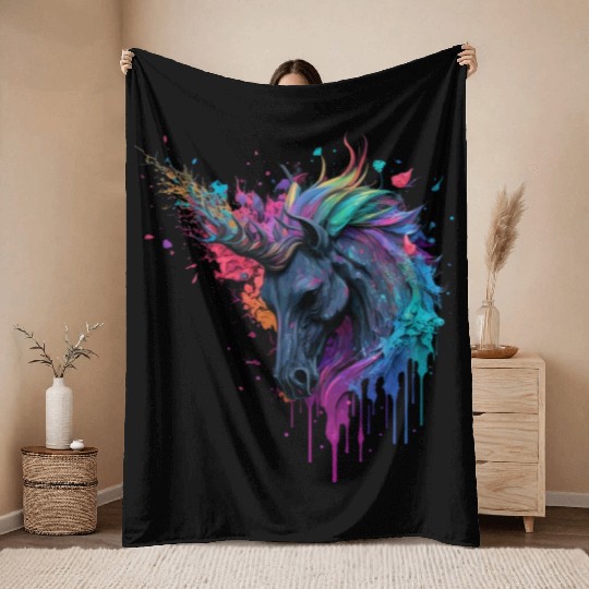 rainbow unicorn Throw Blankets