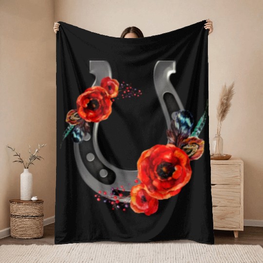 Floral Horseshoe With Poppies Throw Blankets