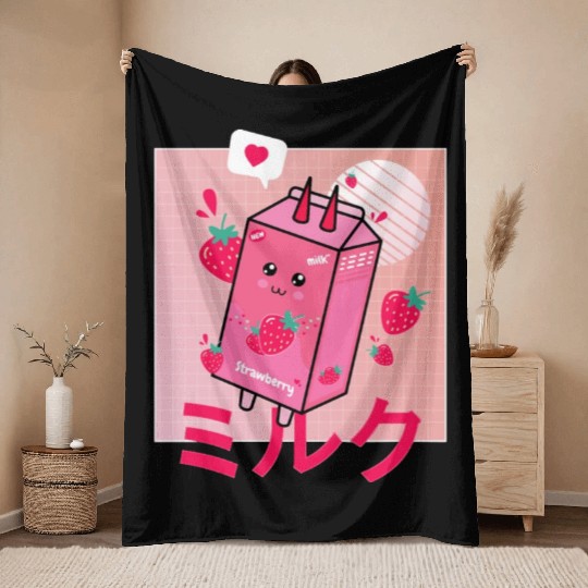 Strawberry Milk Shake Funny Retro 90s Japanese Throw Blankets