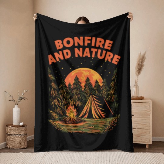 Bonfire and Nature Camping Wildlife Camper Outdoor Throw Blankets