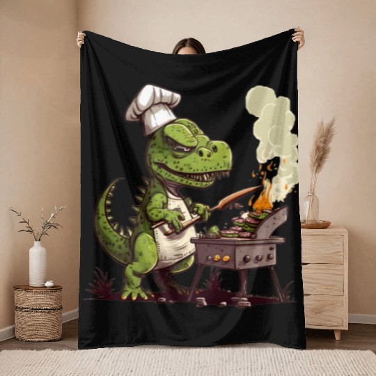 Baby Dinosaur Using A Charcoal Grill Cooking Meat Throw Blankets