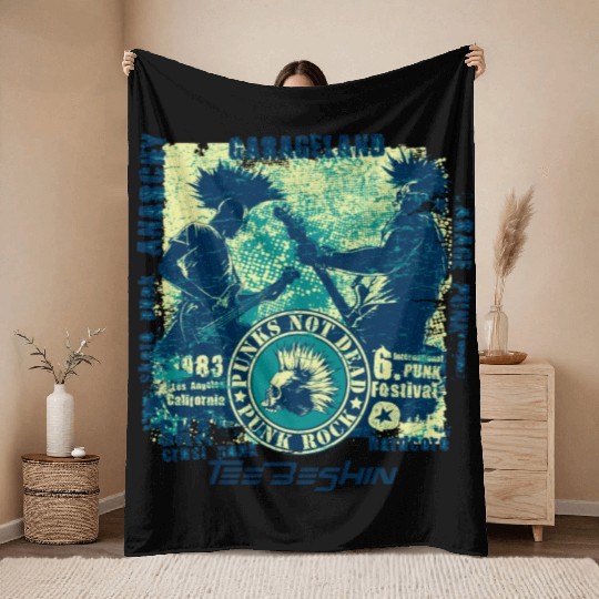 Punk Rock Skull Guitar Concert Throw Blankets