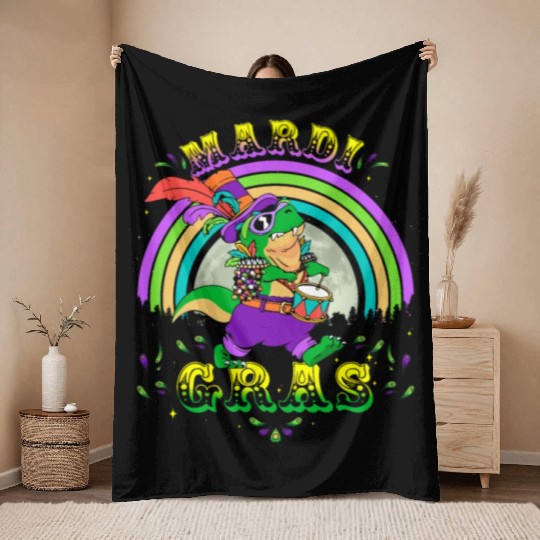 2023 Mardi Gras Party Hat T Rex Drummer Mardi Throw Blankets