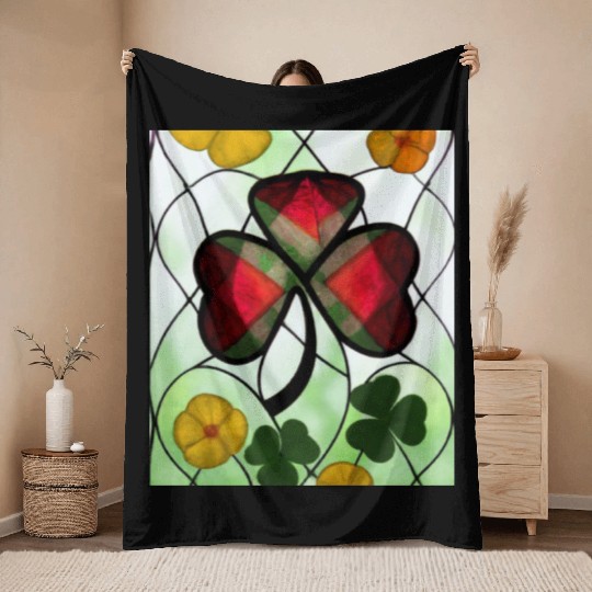 Red plaid Shamrock with Yellow Poppies (AI Art) Throw Blankets