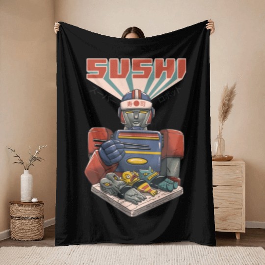 Super Sushi Robot Throw Blankets