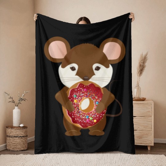 cute brown mouse with delicious donut Throw Blankets