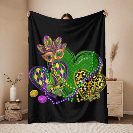 Mardi Gras Hearts Leopard Print Fleur de lis Symbo Throw Blankets