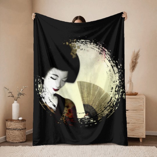 Geisha, traditional digital art, Japan Throw Blankets