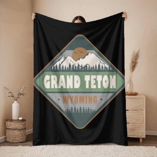 Grand Teton Wyoming US Vintage Hiking Design Throw Blankets