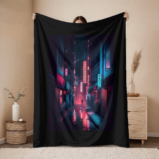Tokyo Japan Japanese Aesthetic Graphic Night Scene Throw Blankets