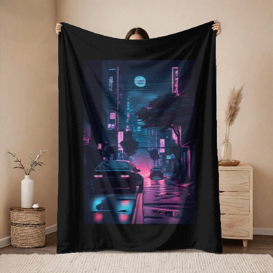 Tokyo Japan Japanese Aesthetic Graphic Night Scene Throw Blankets