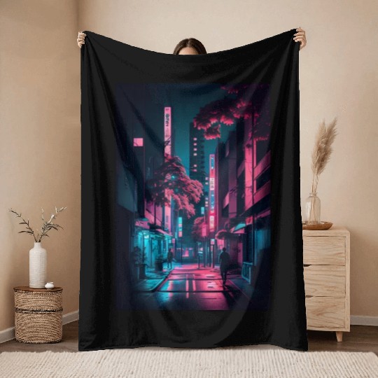 Tokyo Japan Japanese Aesthetic Graphic Night Scene Throw Blankets