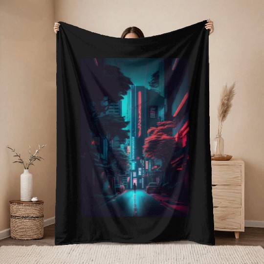 Tokyo Japan Japanese Aesthetic Graphic Night Scene Throw Blankets