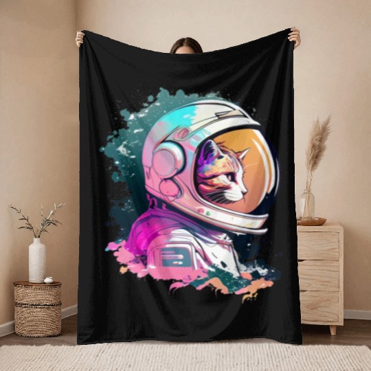 Aesthetic Vaporwave Space Cat 80s 90s Astronaut Throw Blankets