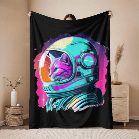 Aesthetic Vaporwave Space Cat 80s 90s Astronaut Throw Blankets