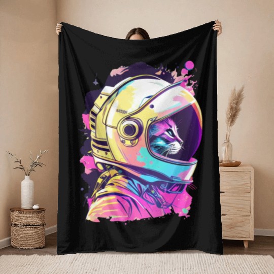 Aesthetic Vaporwave Space Cat 80s 90s Astronaut Throw Blankets