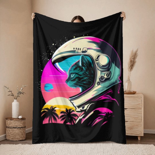 Aesthetic Vaporwave Space Cat 80s 90s Astronaut Throw Blankets
