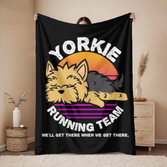 Funny Yorkie Running Team Throw Blankets Kids Men Women Gif