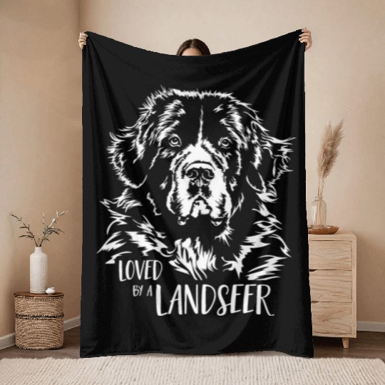 Loved by a Landseer dog mom dog saying Throw Blankets