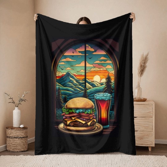 Church window with hamburger burger and drink Throw Blankets