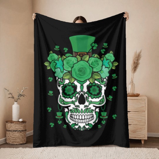 St Patty's Day Dia De Los Muertos Irish Flower Throw Blankets