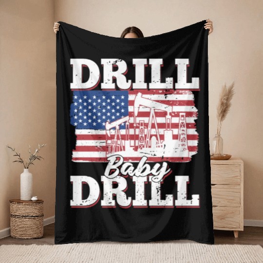 Oilfield Oil Drilling Us Flag Drill Baby Drill Throw Blankets