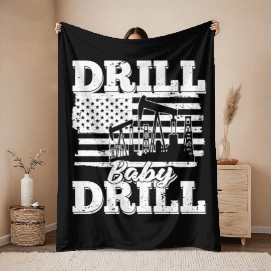Oilfield Oil Drilling Us Flag Drill Baby Drill Throw Blankets