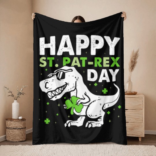 Kids Happy St Pat Trex Day Dino St Patricks Day Throw Blankets
