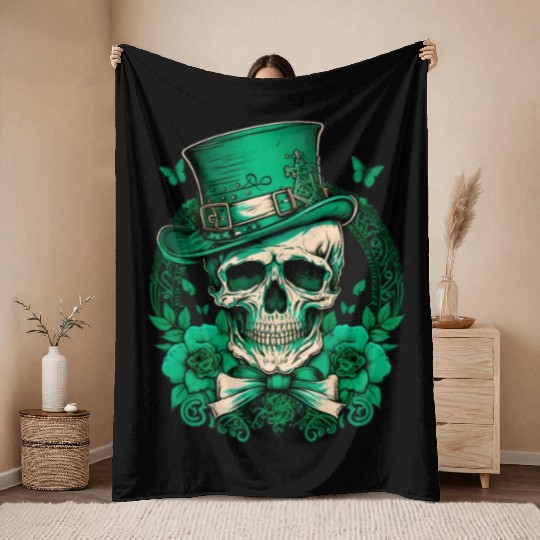 Sugar Skull Saint Patricks Day of Dead Throw Blankets
