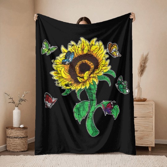 Aesthetics Sunflowers Nature Butterflies Yellow Su Throw Blankets