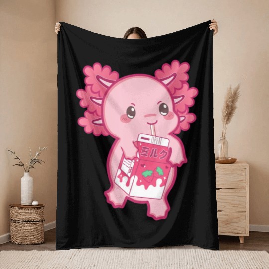 Kawaii Axolotl Strawberry Milk Teen Girl Kids Japa Throw Blankets
