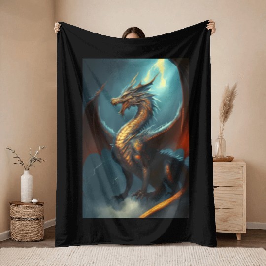Mystical Dragon in storm Throw Blankets