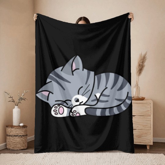 Grey Tabby Sleeping Throw Blankets