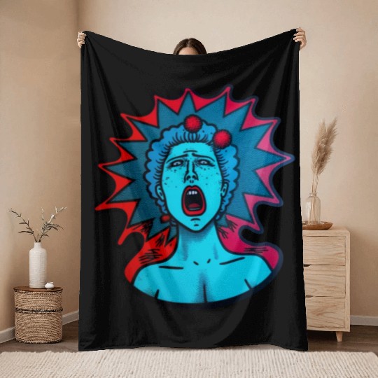 Blue woman screams, Crazy 90s style sticker Throw Blankets