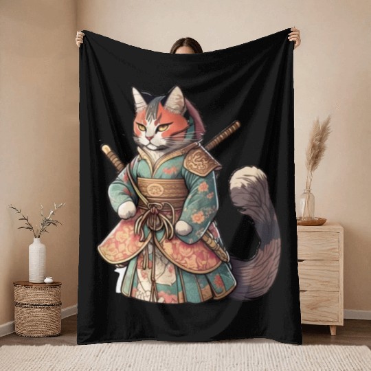 Cat Samurai Throw Blankets