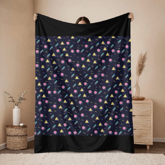 90s Navy + CMYK Bus Seat Retro Geometric Pattern Throw Blankets