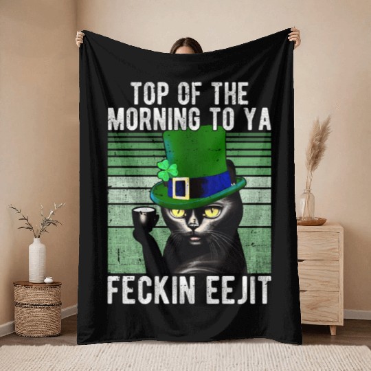 Feckin Eejit Cat Coffee Saint Patrick's Day Gift Throw Blankets