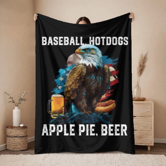 Baseball Hotdogs Apple Pie Beer Drinker Patriotic Throw Blankets