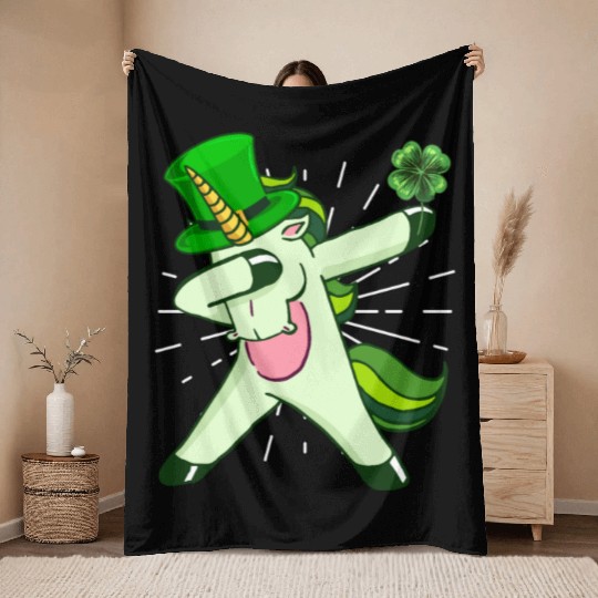 Dabbing unicorn shamrock St. Patrick's Day Throw Blankets