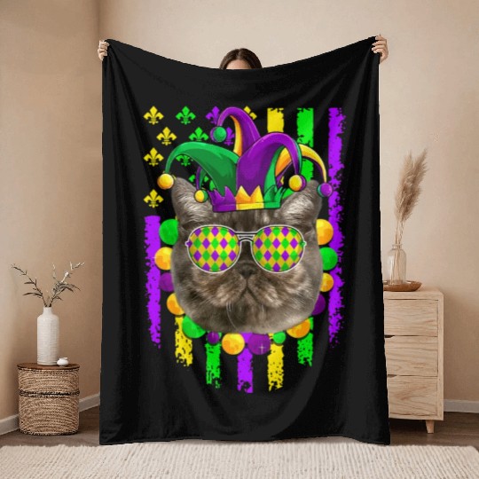 Mardi Gras Cute Exotic Shorthair Cat Lover Throw Blankets