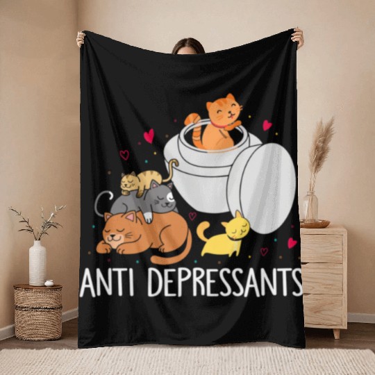 Funny Anti Depressants Cat Lover Sobriety Drug Fre Throw Blankets