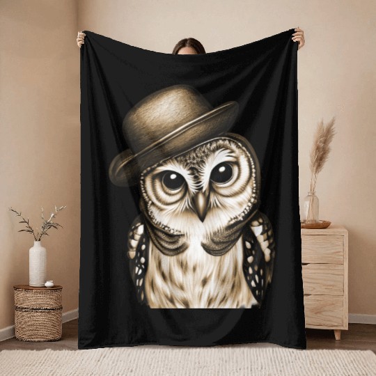 owl wearing derby hat - brown color Throw Blankets