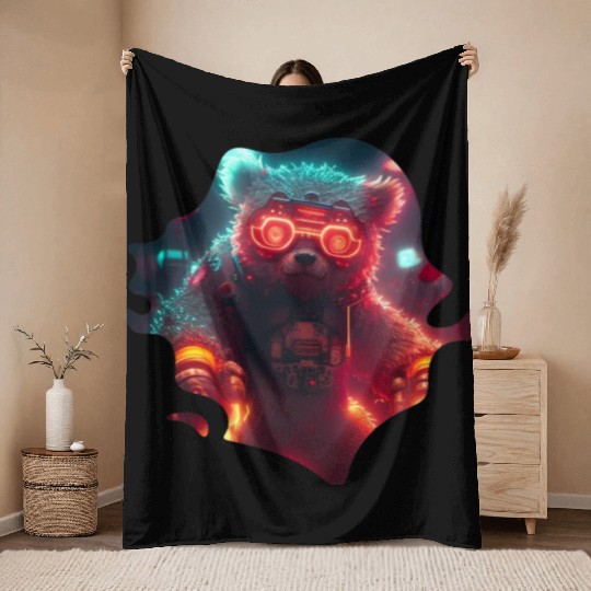 Cool Mecha Grizzly with Cyborg Steampunk Style Throw Blankets